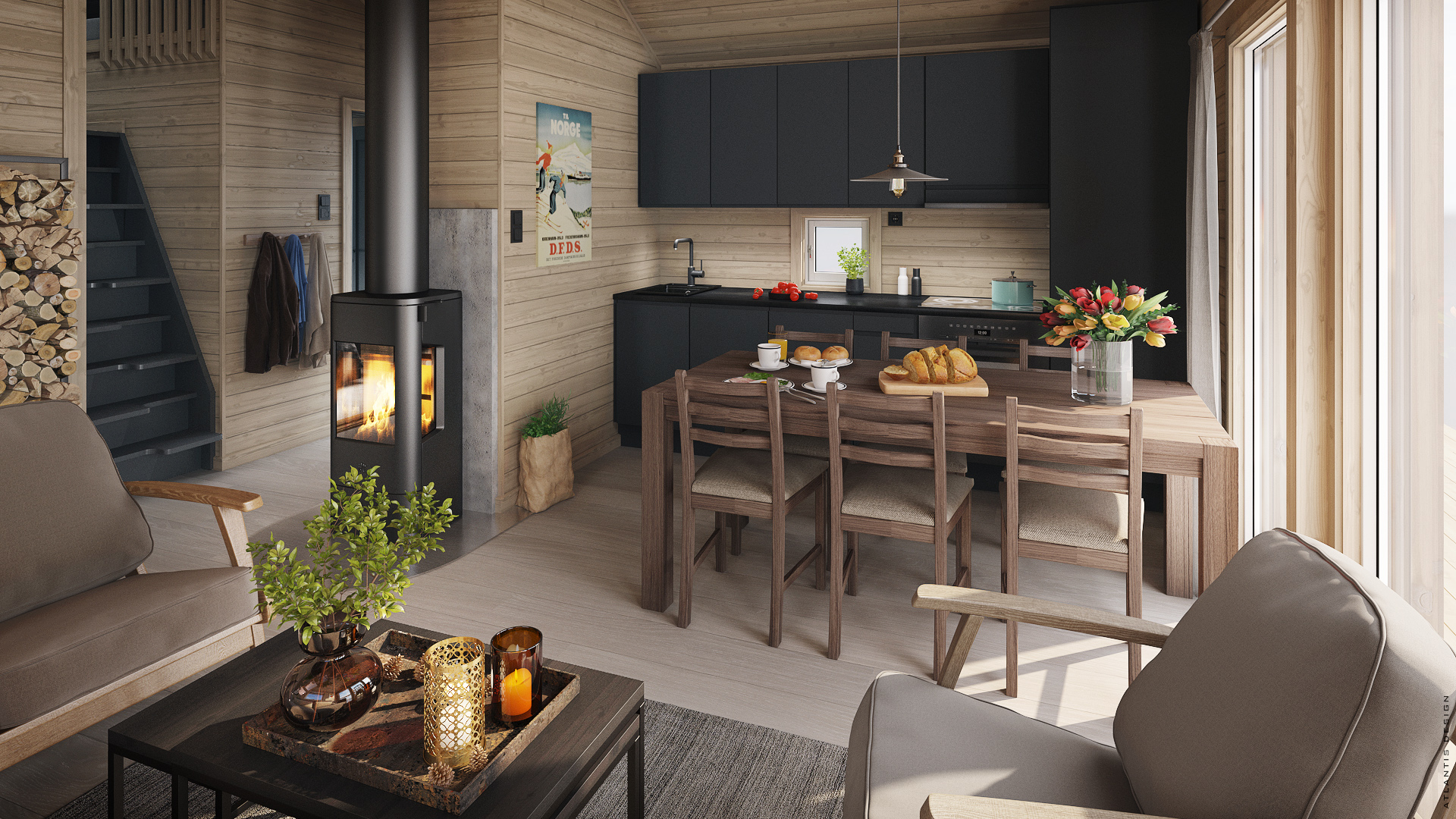 Ildstedet er sentralt plassert, og skaper hygge både ved kjøkkenbordet og i salongen.